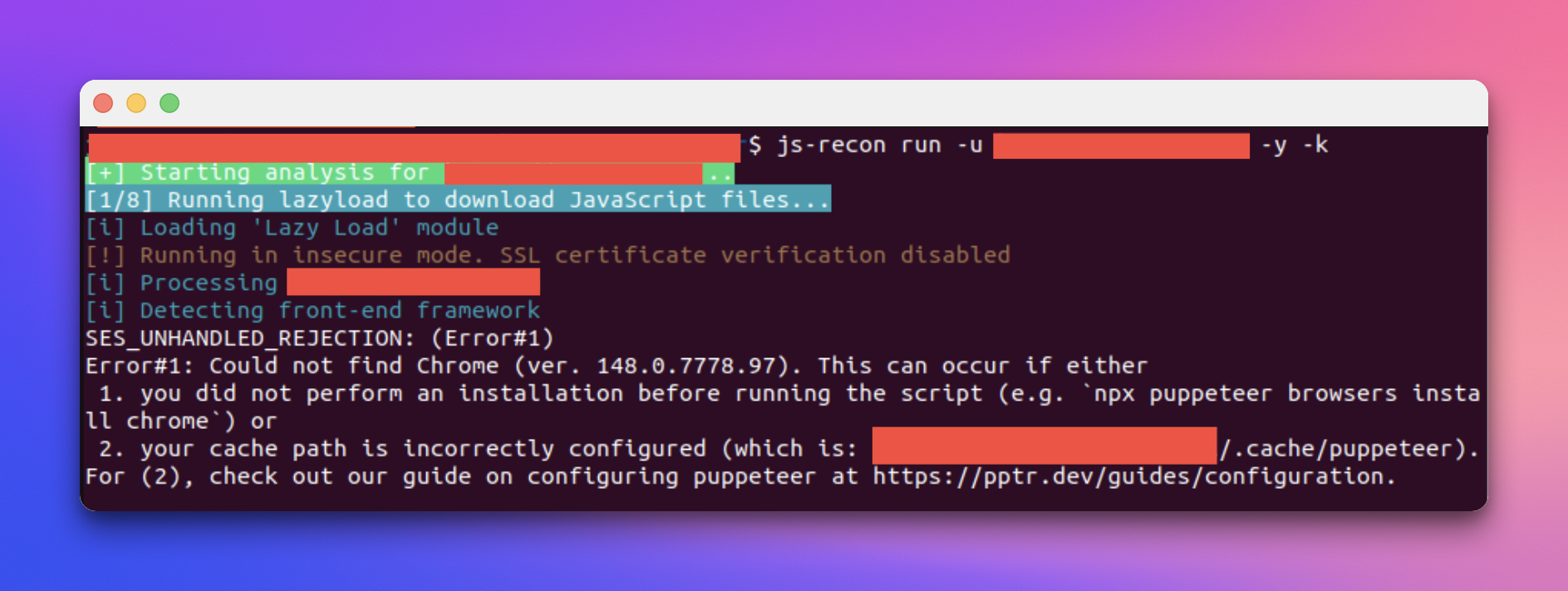Puppeteer not found error screenshot